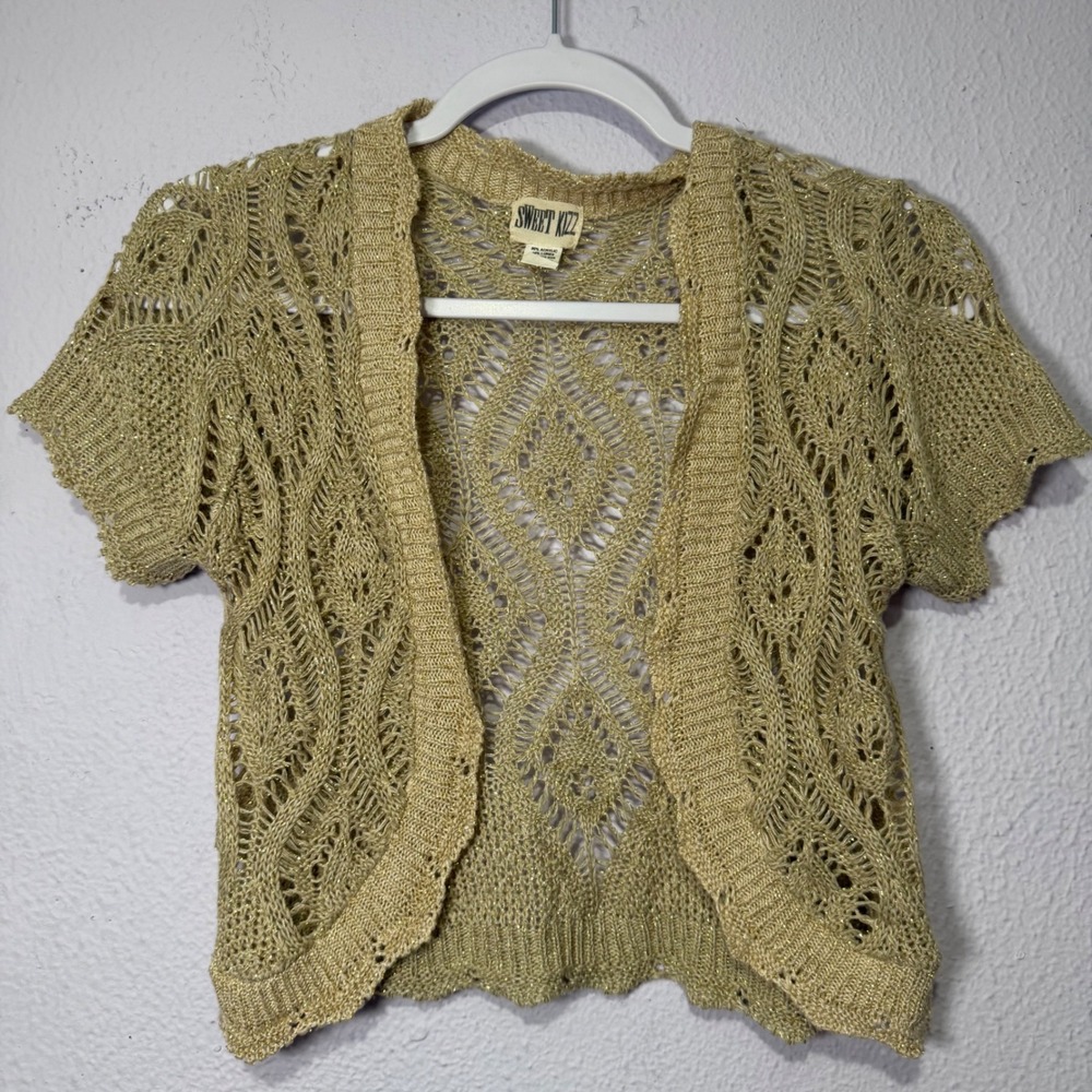 Y2K Sweet Kizz Gold Metallic Open Knit Shrug Cardigan Vintage Boho Bolero P/S